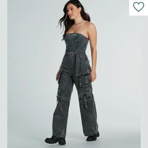 Justify Strapless acid Washed Black Denim Cargo Jumpsuit grunge women’s L